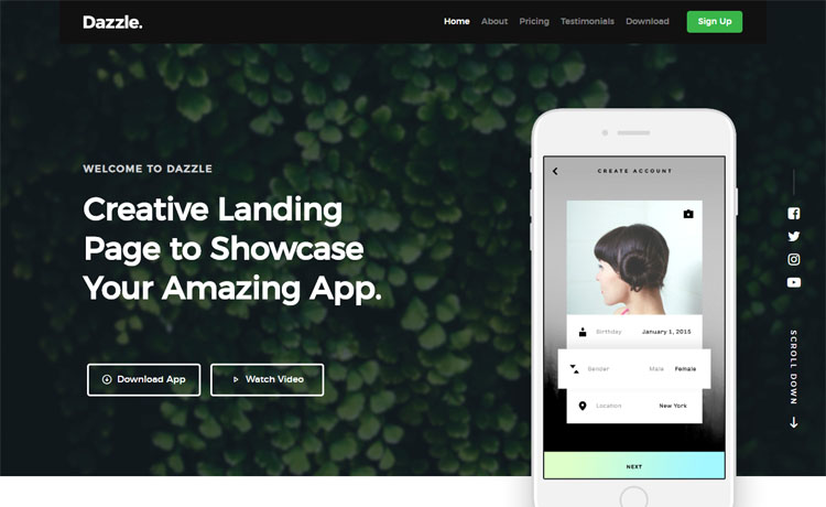 Dazzle – Free responsive HTML5 app landing page template to showcase software and mobile applications