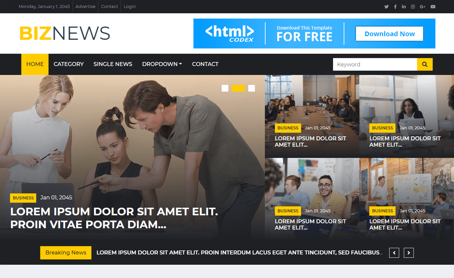 Biznews – Free Bootstrap 4 HTML5 News Portal Website Template