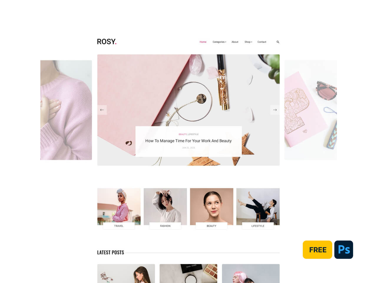 Rosy – Free Feminine Blog Website PSD Template