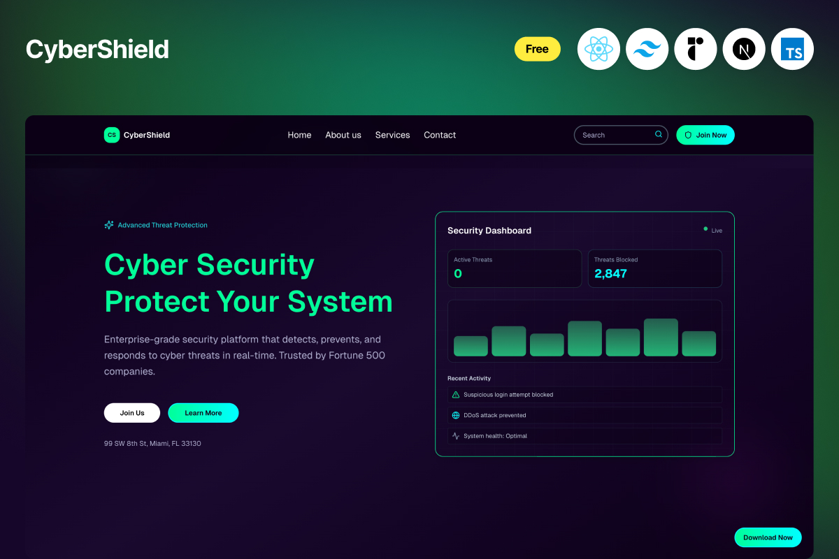 Next.js Cybersecurity SaaS Website Template – CyberShield