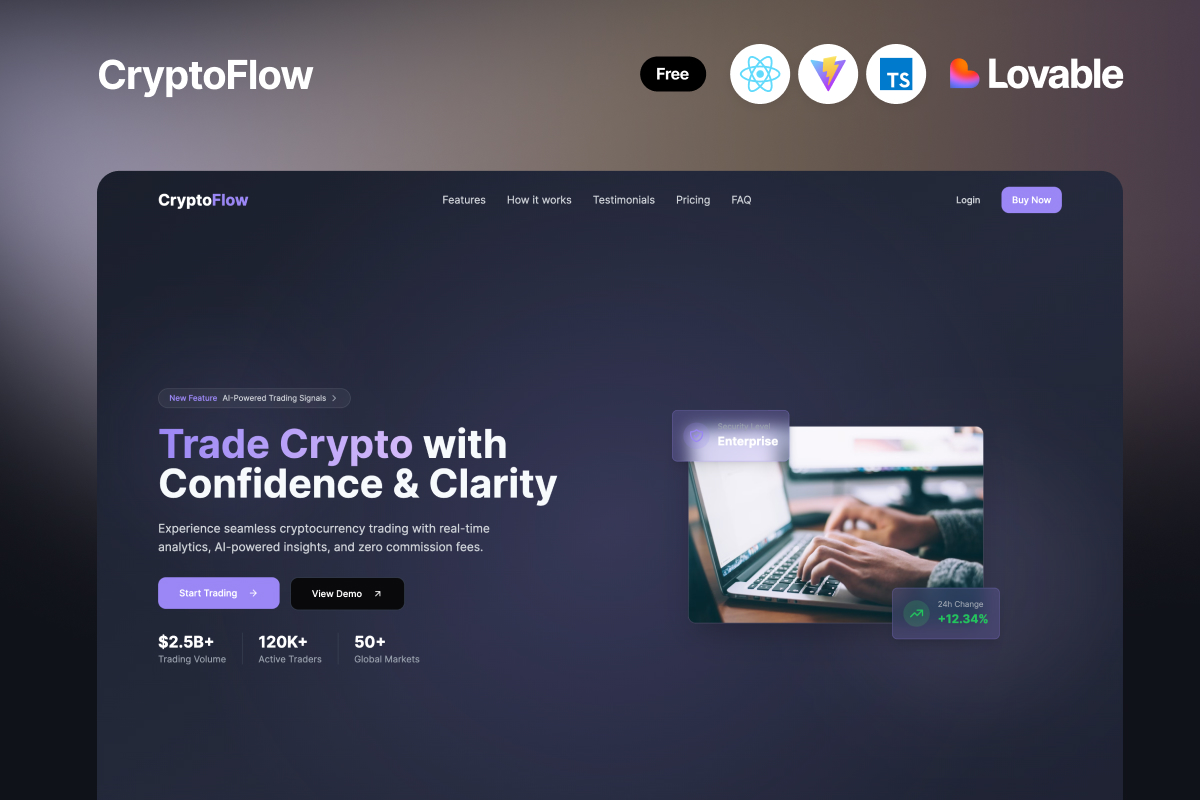 CryptoFlow – One Page Template Built with Loveable Redix UI