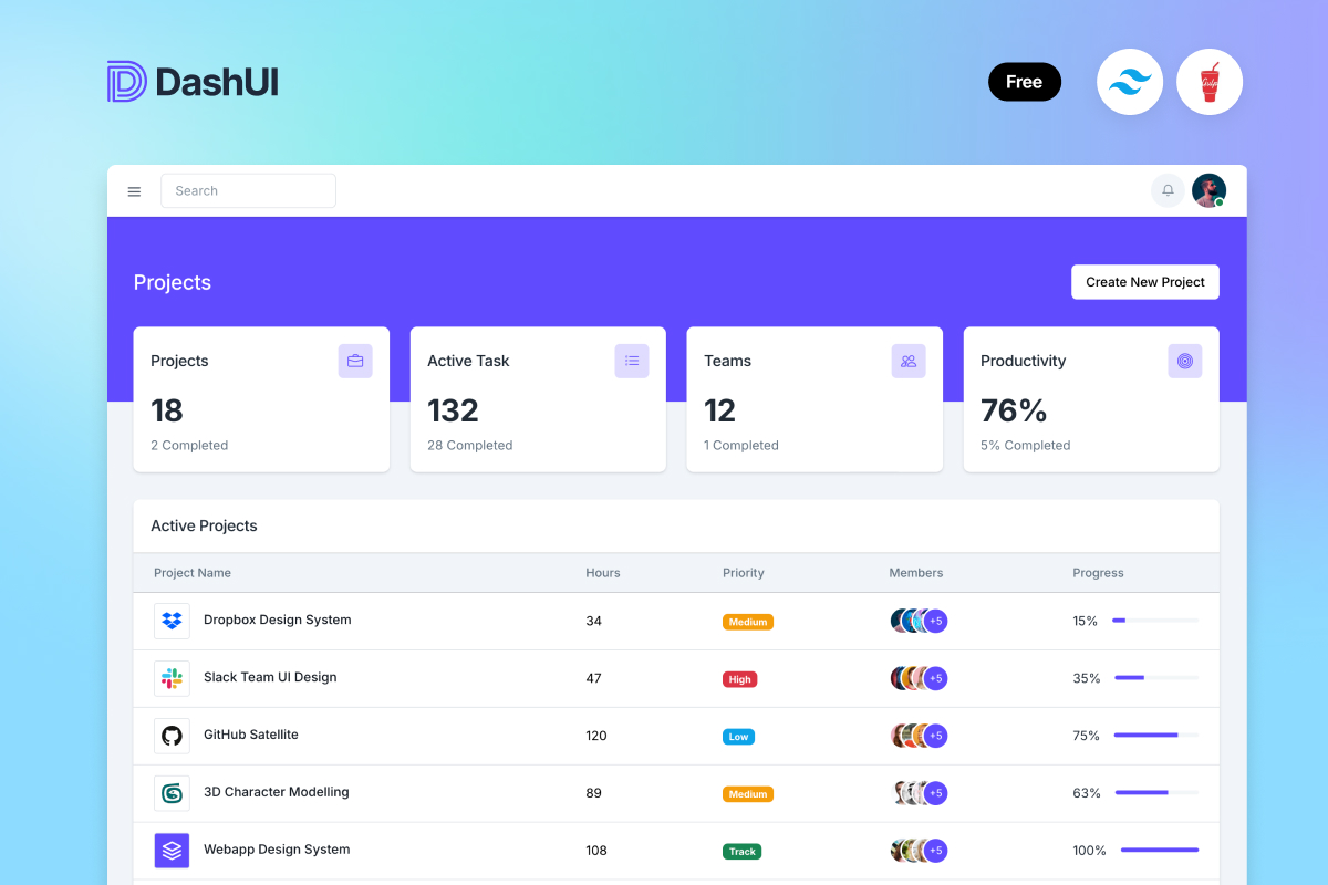 Free TailwindCSS Admin Dashboard HTML Template – Dash UI