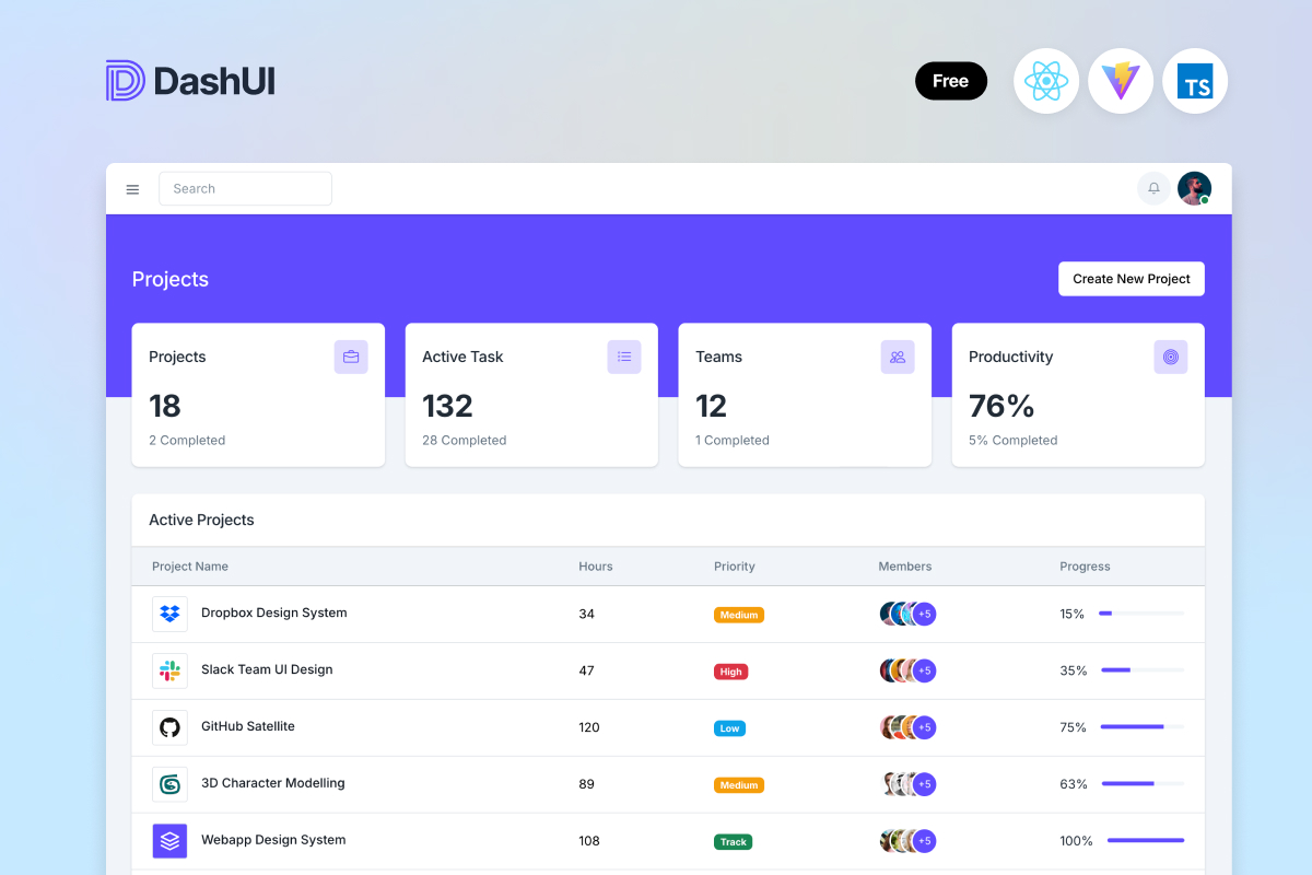 Dash UI – Free React Admin Dashboard Template